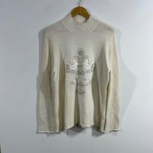 Coldwater Creek Boho Embroidered Bird Floral Rabbit Hair Sweater VTG Womens XL